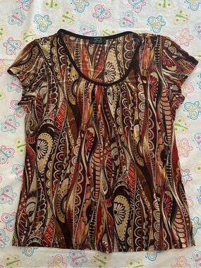 Vintage Shannon Ford Brown Orange & Yellow Whimsy Floral Paisley Print Top